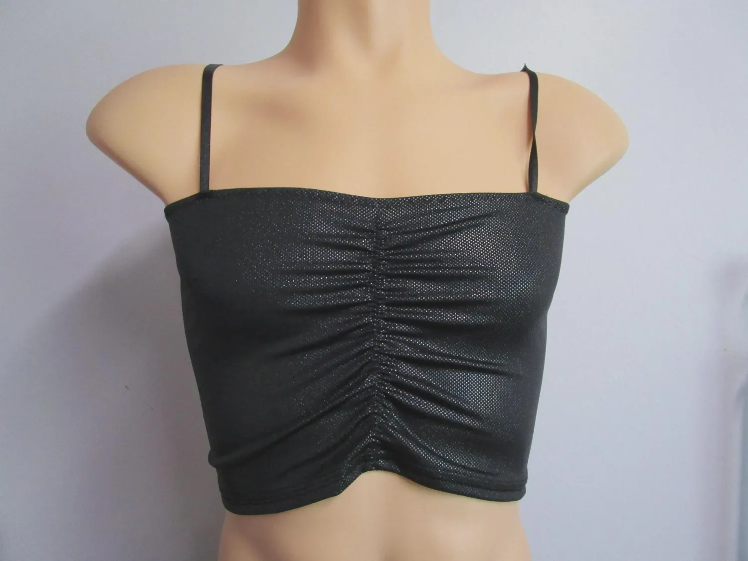 Black Hologram Metallic Dot Spandex Scrunch Front Top 8&quot; Dance Top, Fits S 32-35&quot; Bust