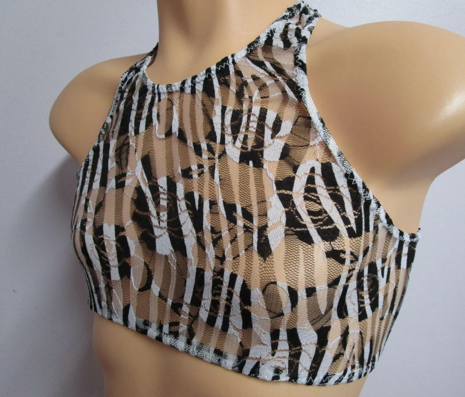 Black Zebra Print Soft Stretch Lace Racer Bra, Fits S 32-35&quot; Chest