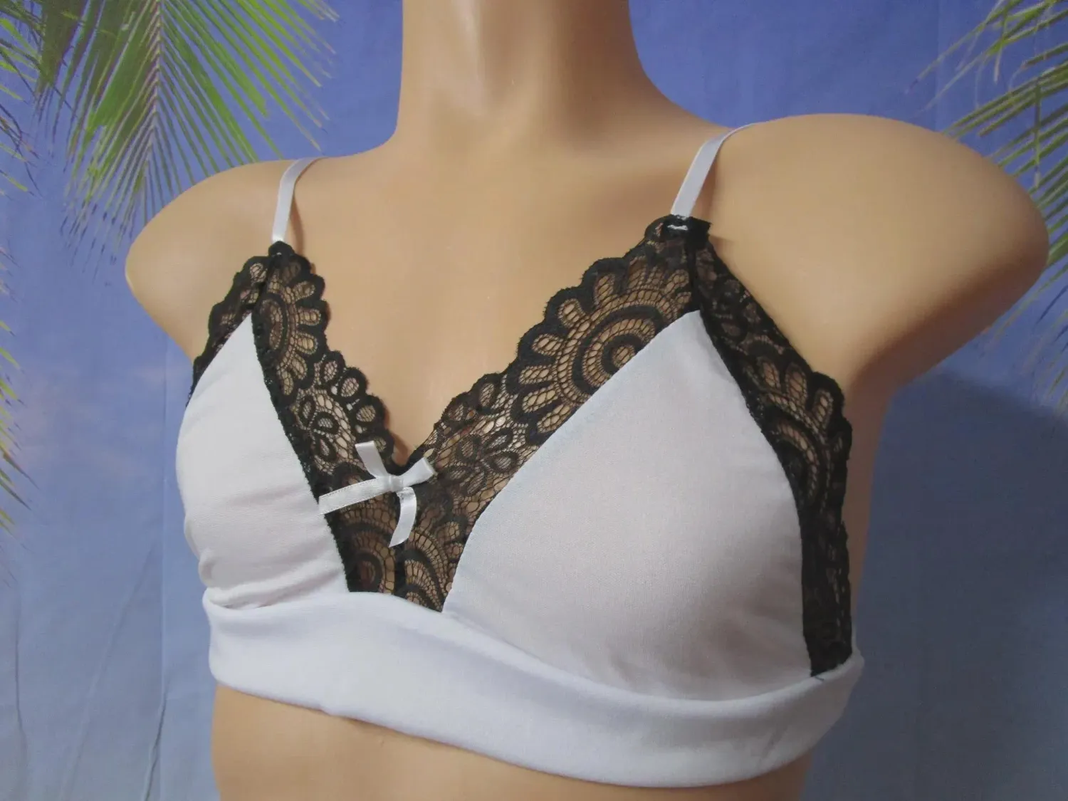 Nylon Spandex Bra, Black Lace Trim, Adjustable Straps, Hook &amp; Eye Closure