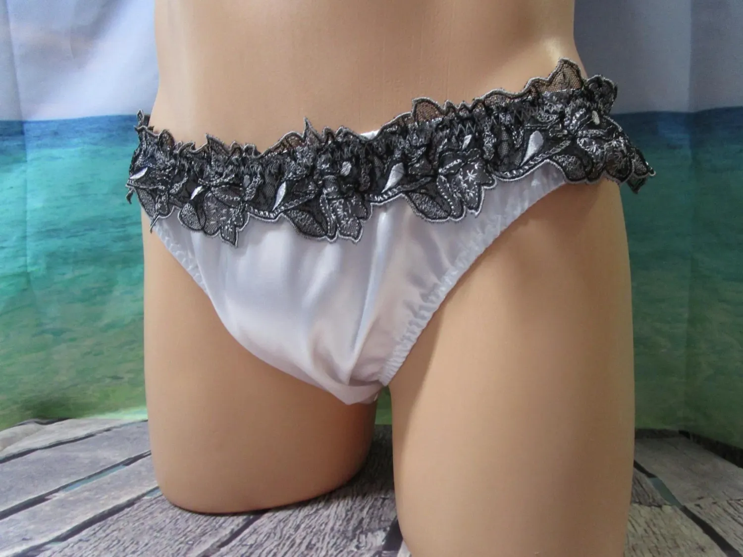 Satin Bikini Panties, Black Floral Lace Top - 2 left