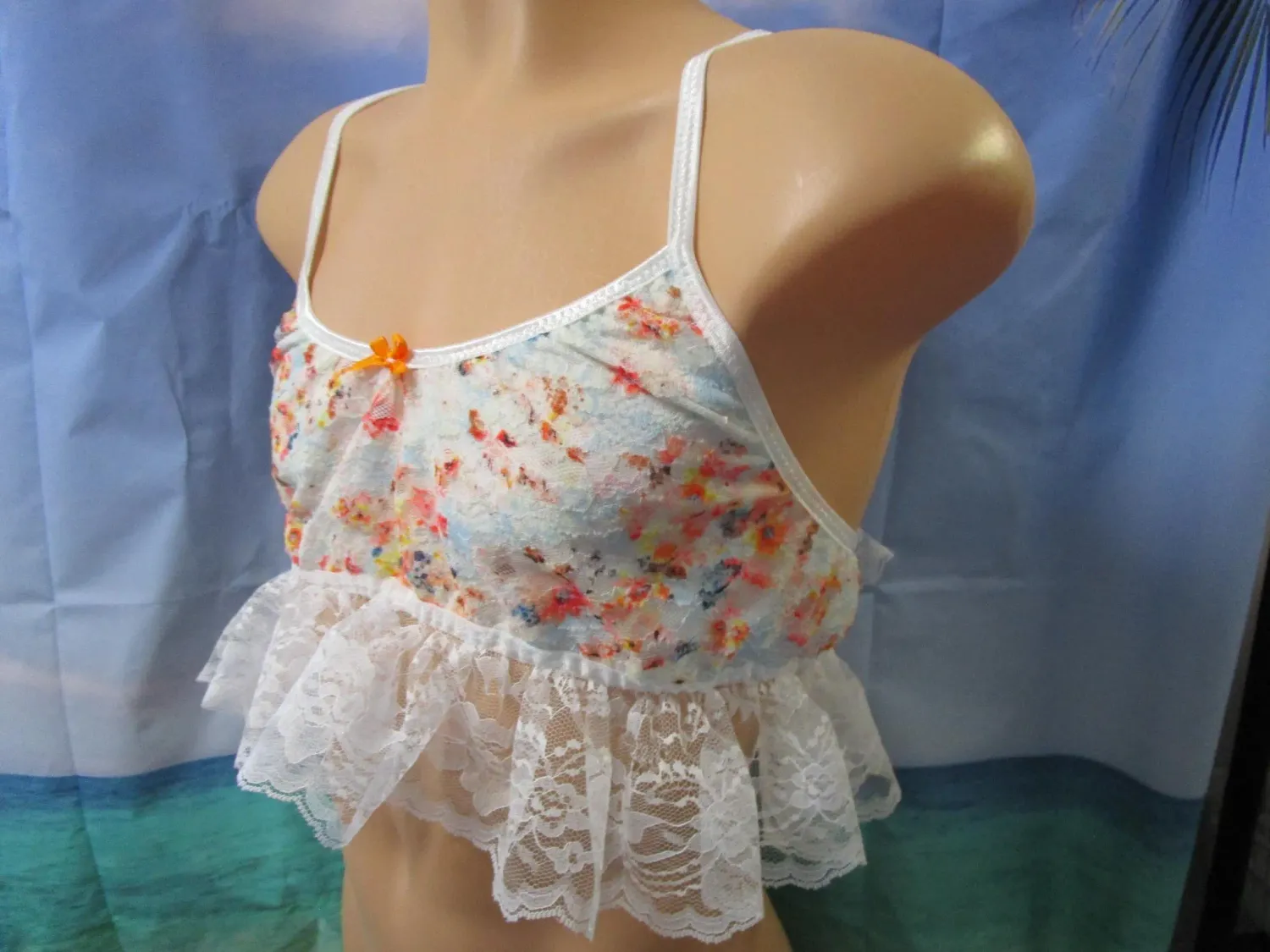 Lace Floral Prints Training Bra, Flat Front Bralette, Adjustable Straps, Lace Trim, Bra