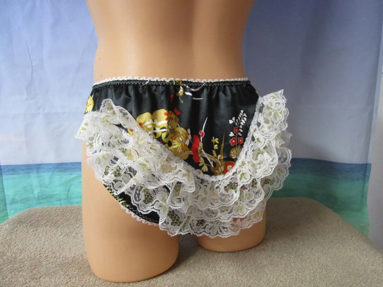 Satin Prints Bikini Panty, 2&quot; Curved Lace Butt, Front &amp; Picot Trim, Bow