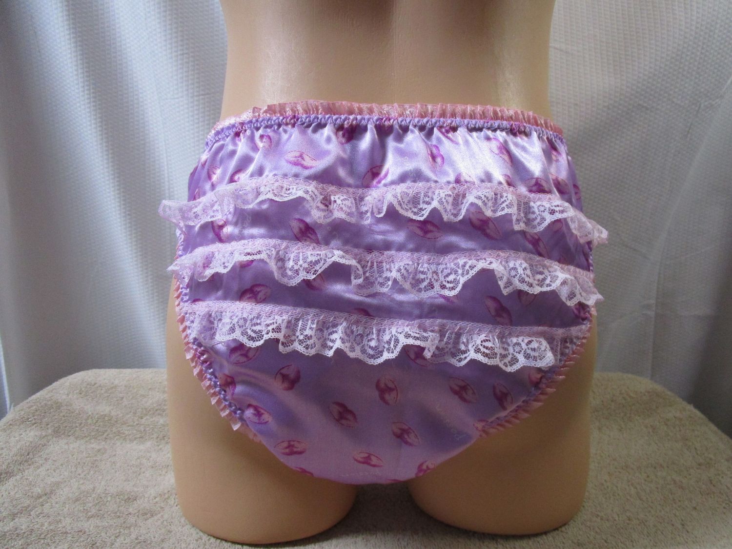Satin Prints LINED FRONT, French Cut High Leg, 1&quot; Spaced Lace Butt, Ruffle Trim