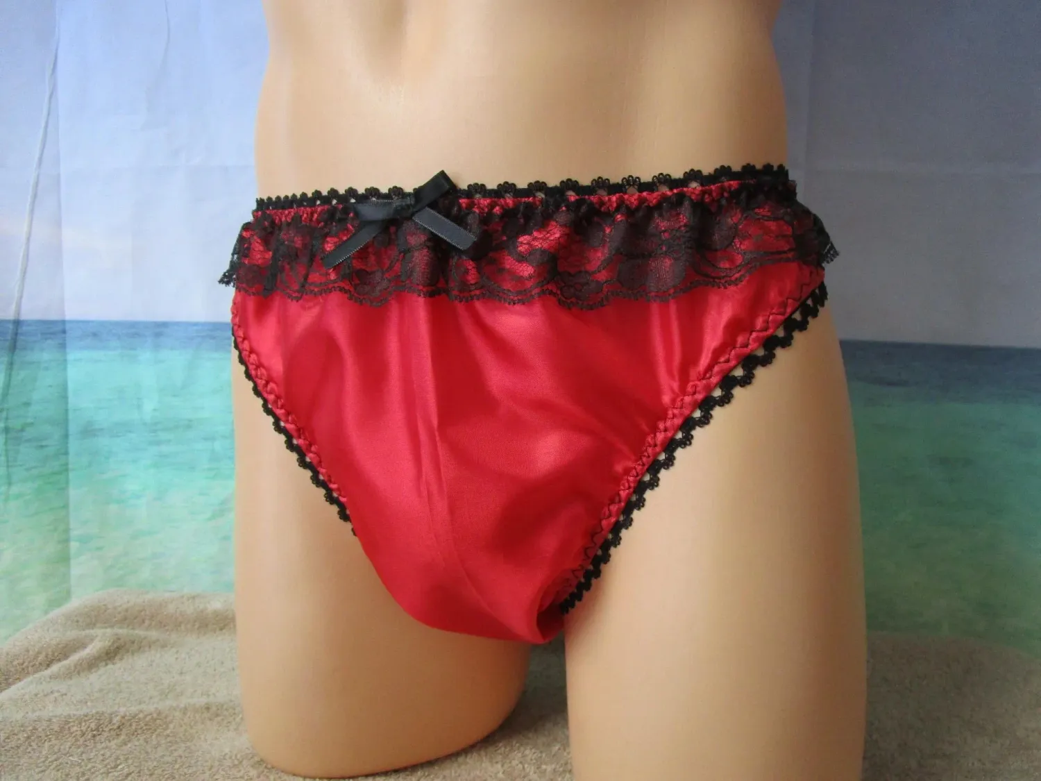 Nylon Tricot Bikini Panty, Medium Man Front, Lace Top, Picot Trim, Bow