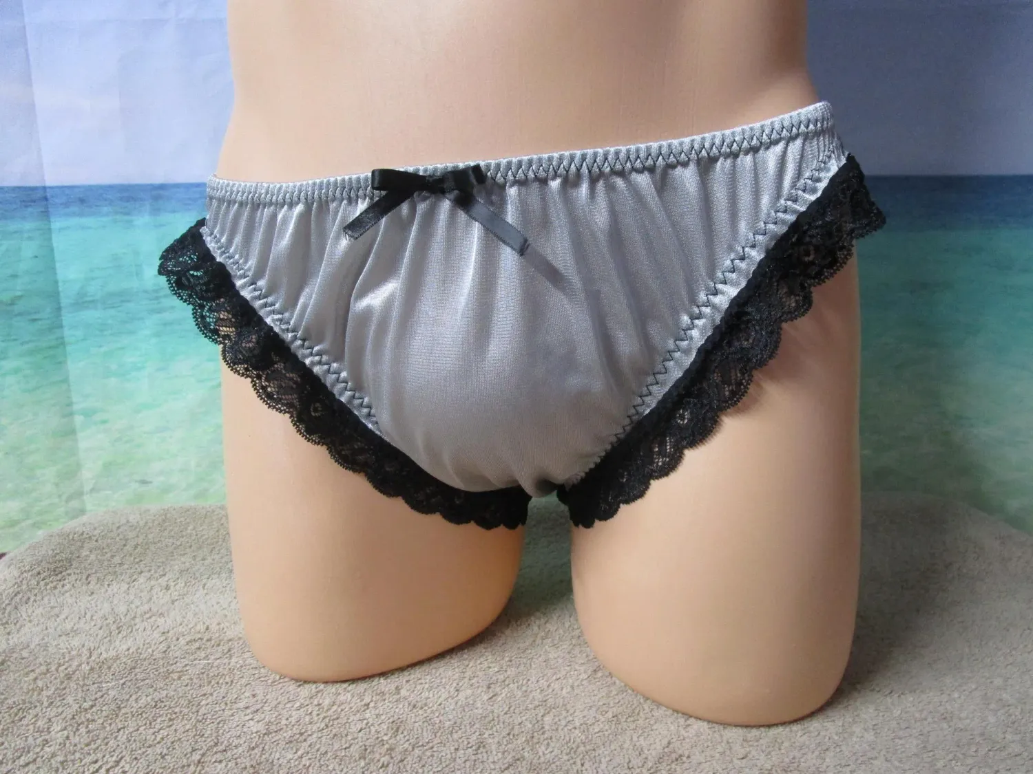 Nylon Tricot Bikini Panty, Medium Man Front, Lace Legs, Bow