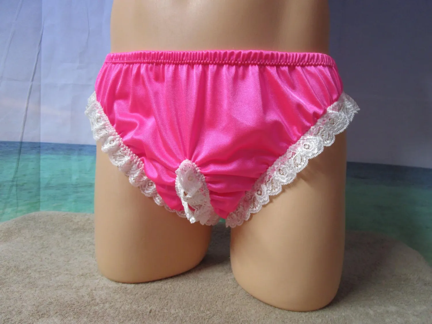 Nylon Tricot Crotchless Bikini Panty, Lace Trim, Bow
