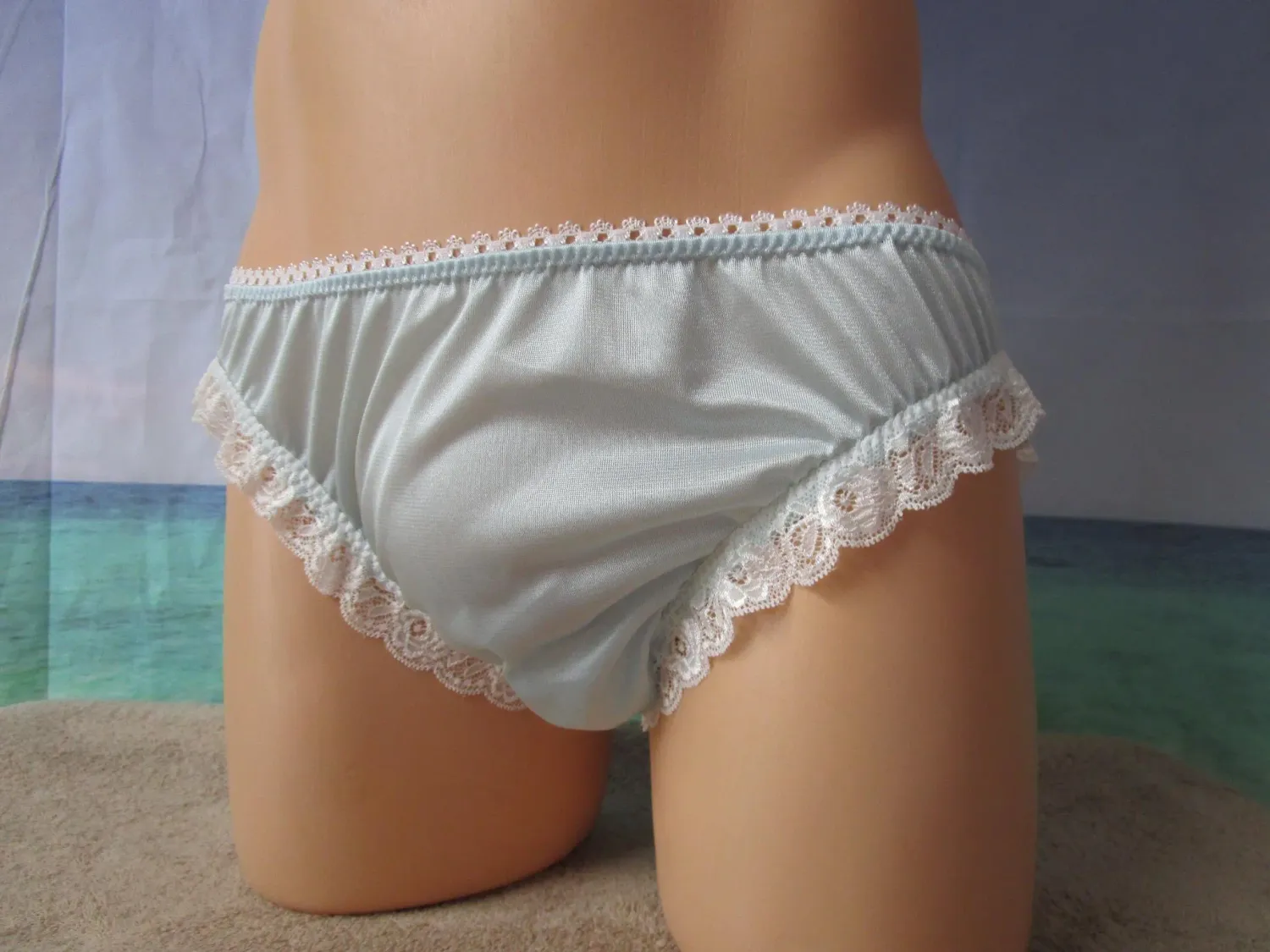 Nylon Tricot Bikini Panty, Medium Man Front, Lace Legs, Picot Top, Bow