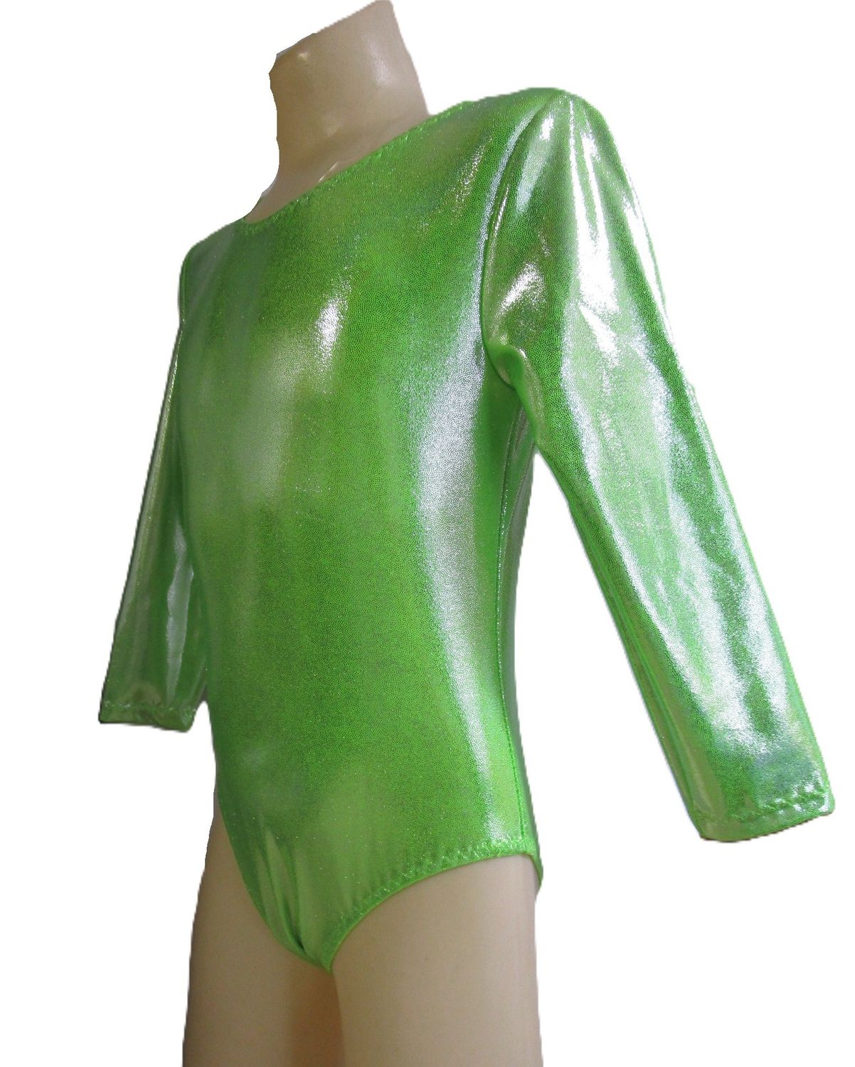 Lime Green Metallic Dot Spandex Leotard for Girls, Long Sleeve Dance - Fits Size Child Medium