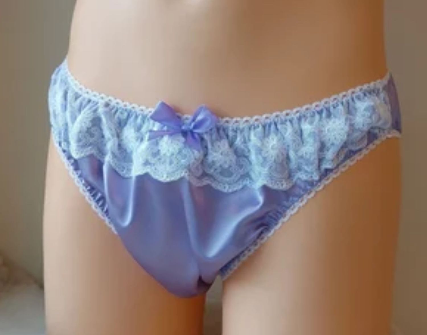 Satin Bikini Panty, 2&quot; Lace Top Front, Picot Trim, Bow