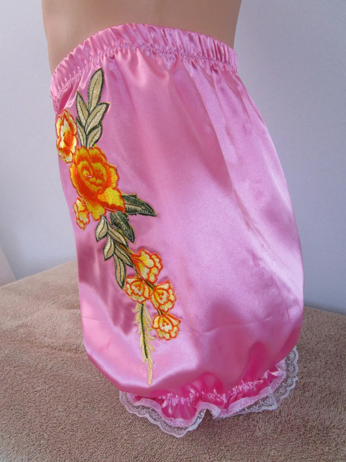 Satin Bloomers for Men, Floral Front Applique, 6&quot; Inseam, Knickers, Lace Trim