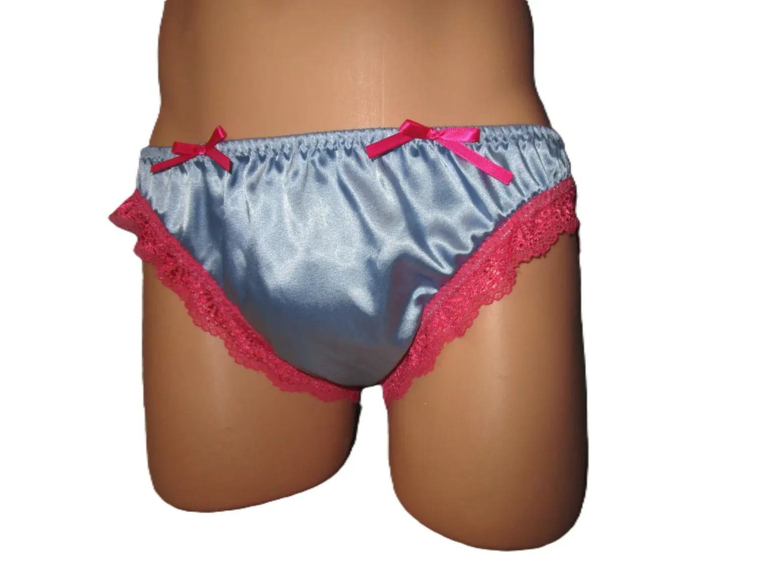 Satin Bikini Panty, Medium Man Front, Lace Leg Trim, Bows