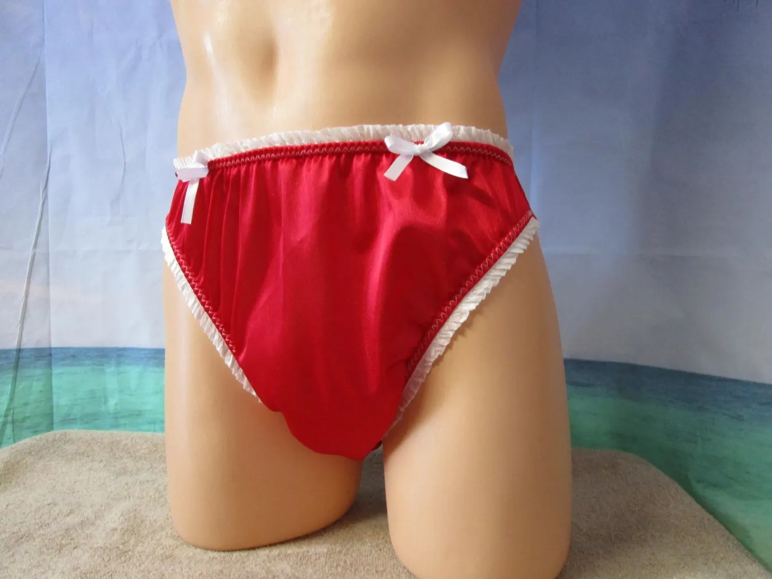 Satin  French Cut High Leg Panty, Medium Man Front, Ruffle Trim, Bows