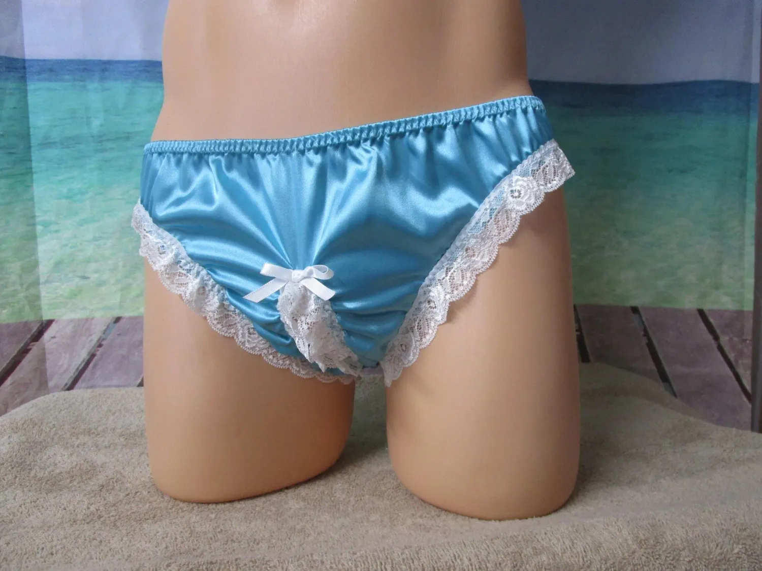 Satin Bikini, Man Panties, Crotchless Panty, Lace Leg Trim, Bow