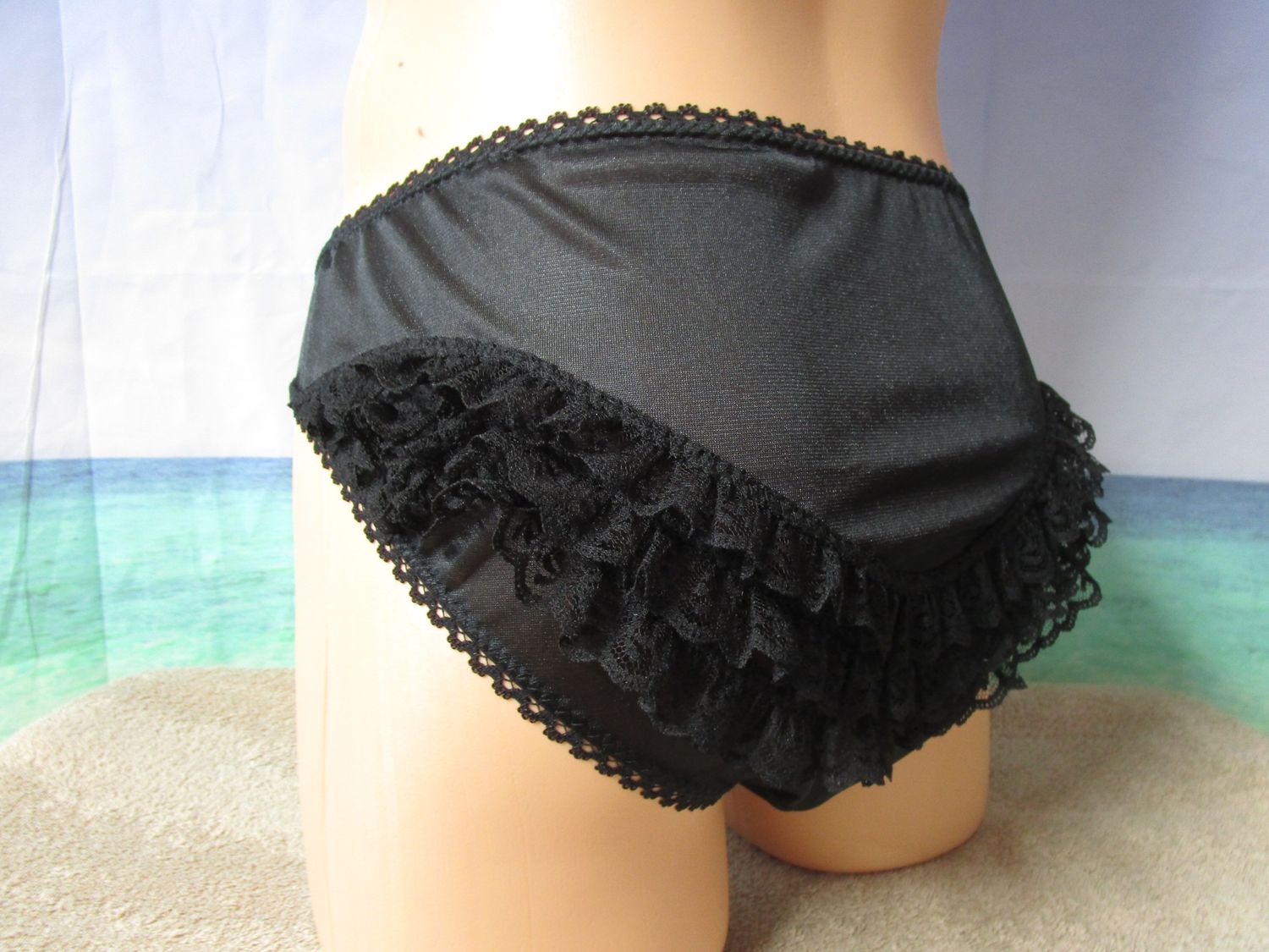 Satin Bikini Panty, 1&quot; Curved Lace Front &amp; Butt, Picot Trim, Bow
