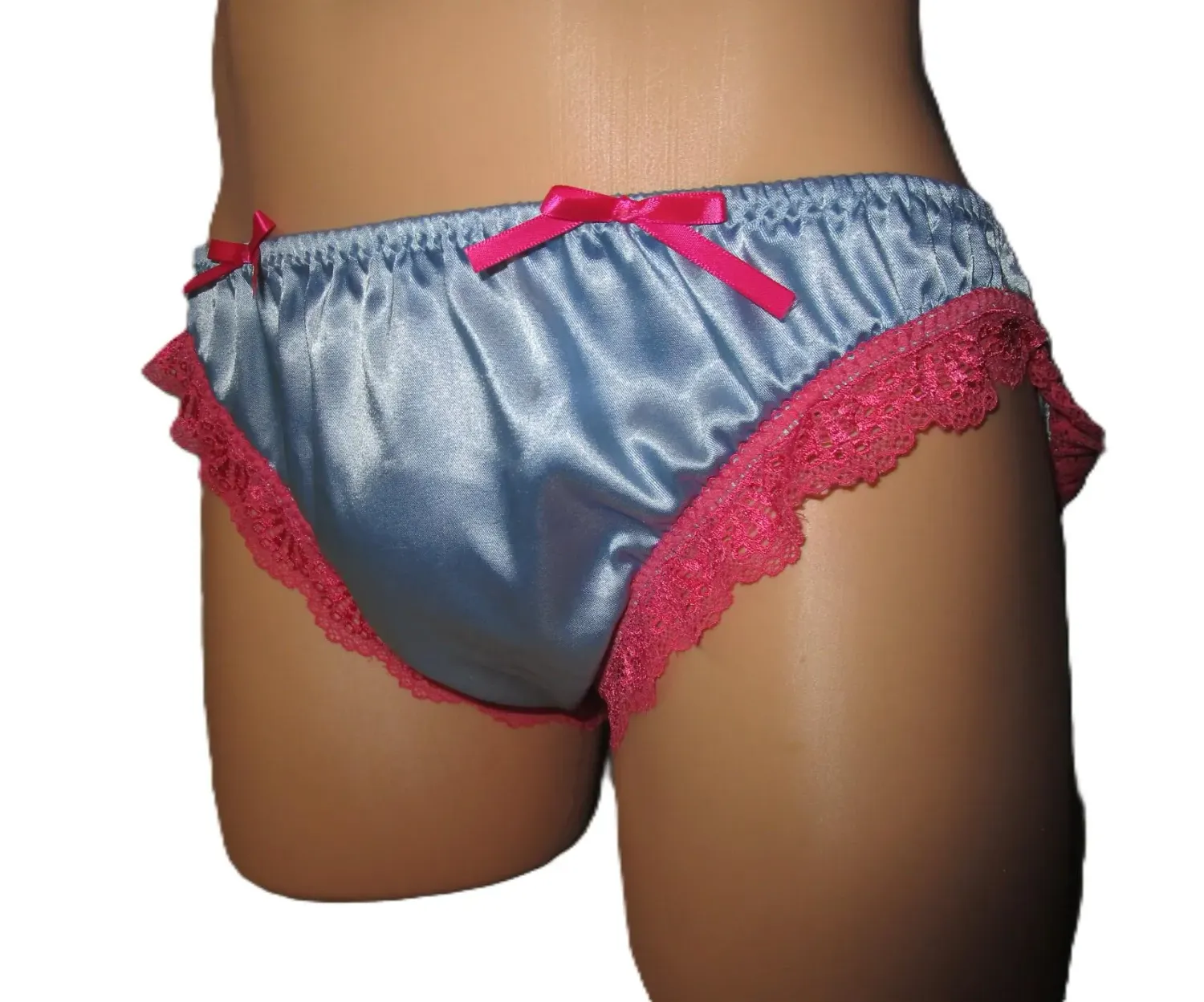 Satin Bikini Panty, Medium Man Front, Lace Leg Trim, Bows