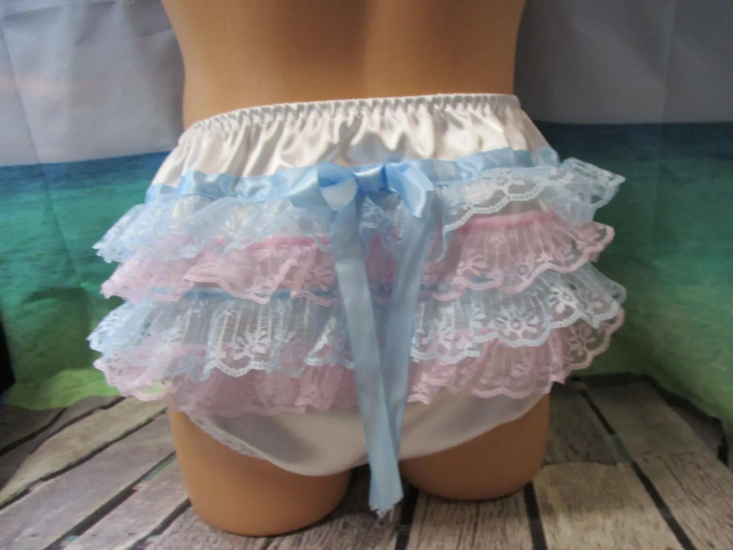 Satin Sissy-Style Brief, Baby Style Pants, Granny Panties, Lace Butt and Bows