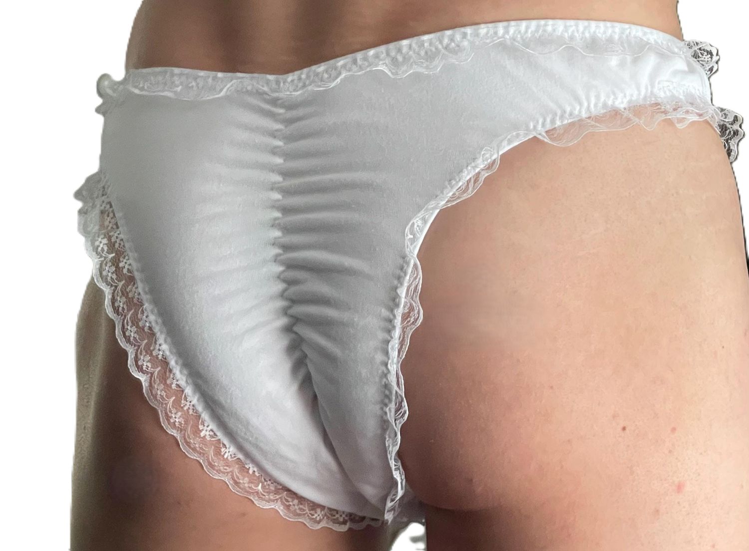 Cotton Knit Cheeky Brazilian Bikini for Men, Medium Man Front, 1&quot; Lace Top &amp; Legs, Center Bow