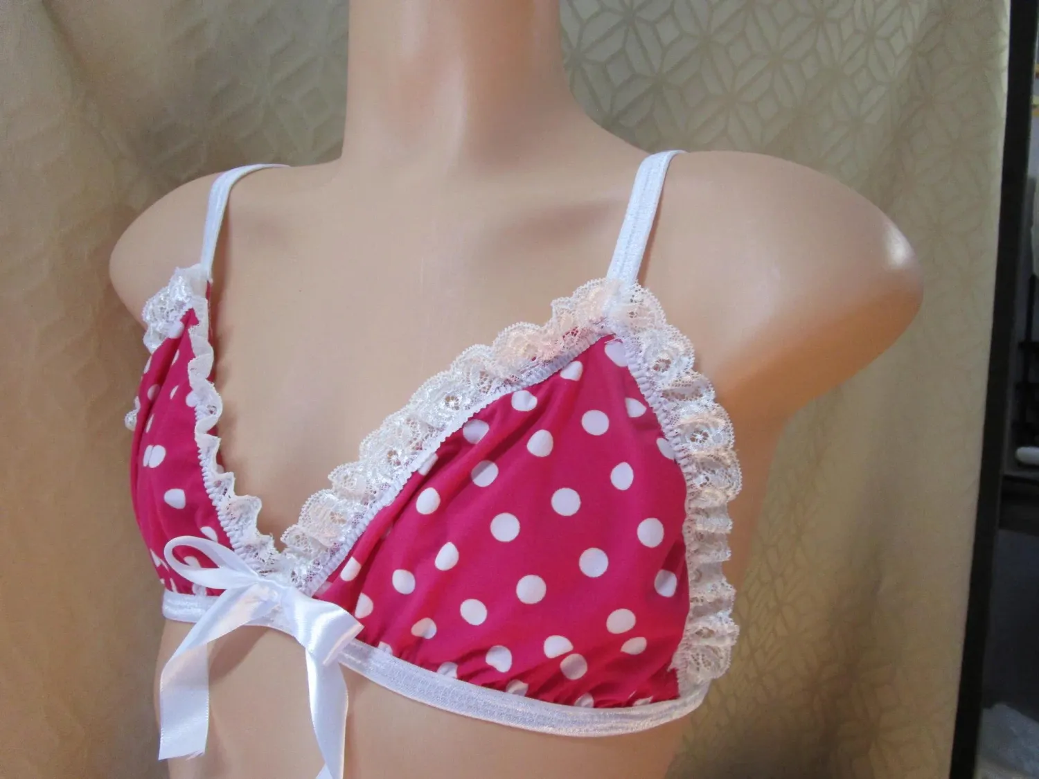 Brushed Knit Prints Bralette, Slip on String Bra, Lace Trim