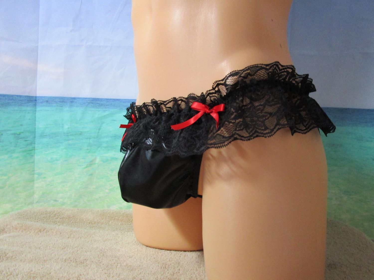 Faux Leather &amp; Lace Jockstrap, Medium Man Front w/seam, Bows