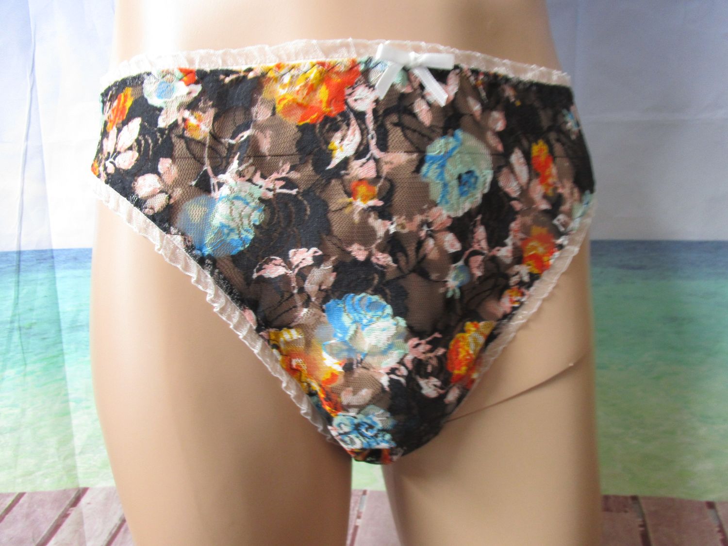 Lace Floral Prints, French Cut High Leg Panty, Ruffle Trim, Bow