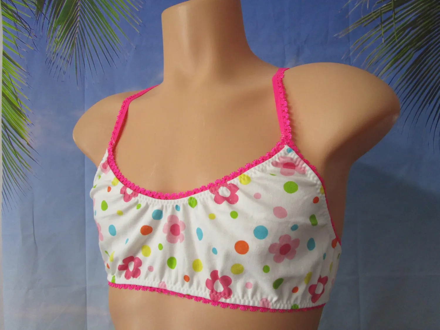 Cotton Knit Training Bra, Flat Front Bralette, Picot Trim &amp; Straps