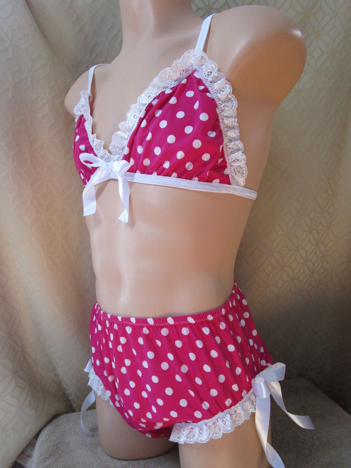 2 pc - Brushed Knit Prints String Bikini Bra &amp; Brief, Lace Trim, Bows