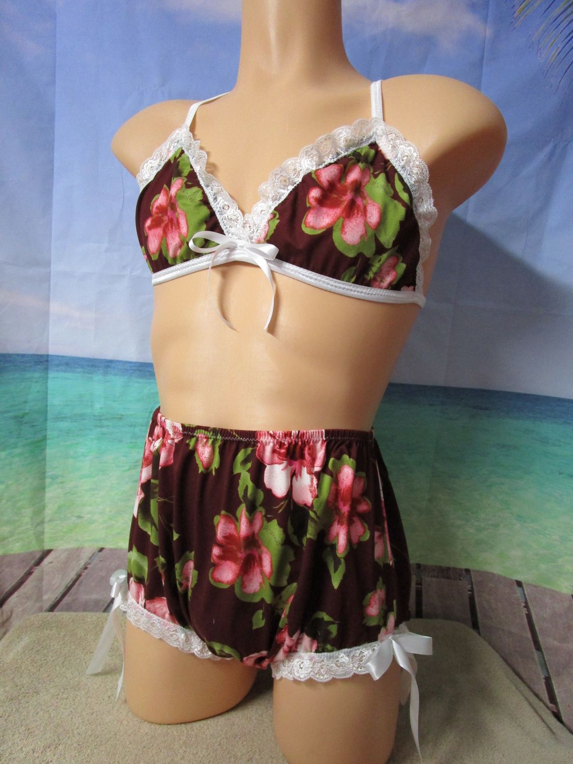 2 pc - Brushed Knit Prints String Bra &amp; High Waist Brief, Lace Trim, Bows