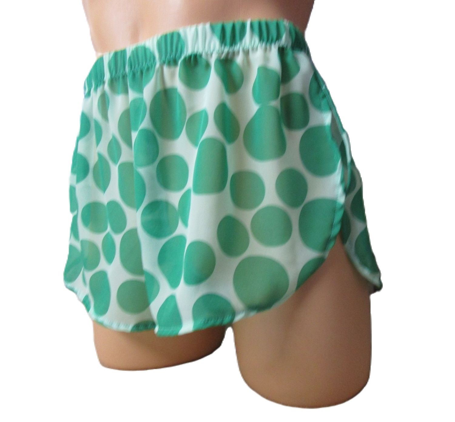 Chiffon Prints, Open Side Shorts, Green polka Dot Print