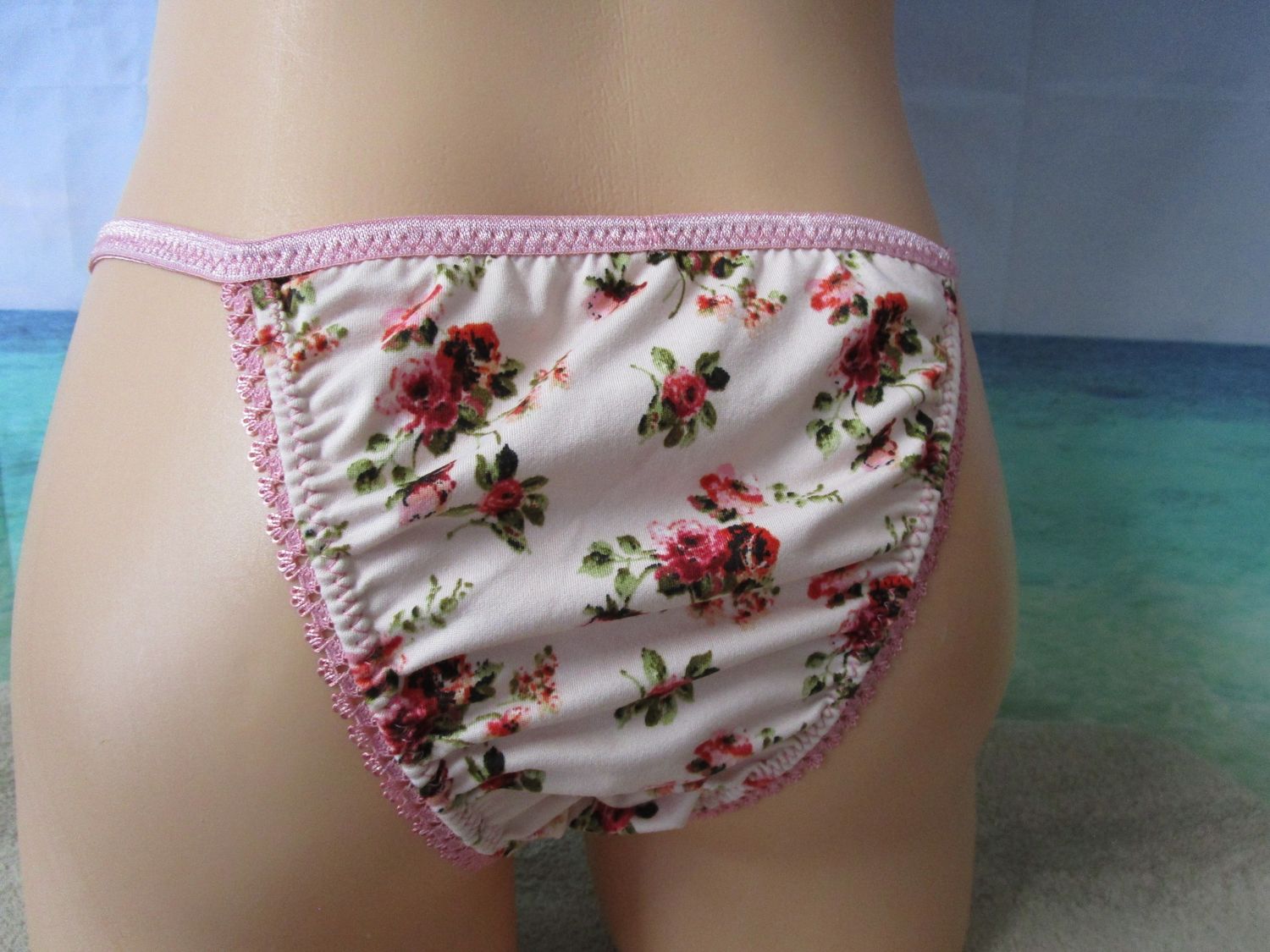 Brushed Knit Prints String Bikini, Tanga Rear, Picot Trim