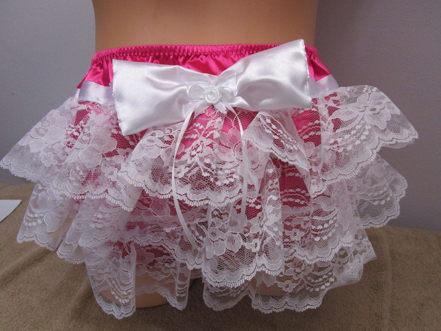 Double Layer Satin Stuffed Waddle, ABDL Panty Brief, 3-4&quot; Lace Butt, 8&quot; Sides, 8&quot; Crotch