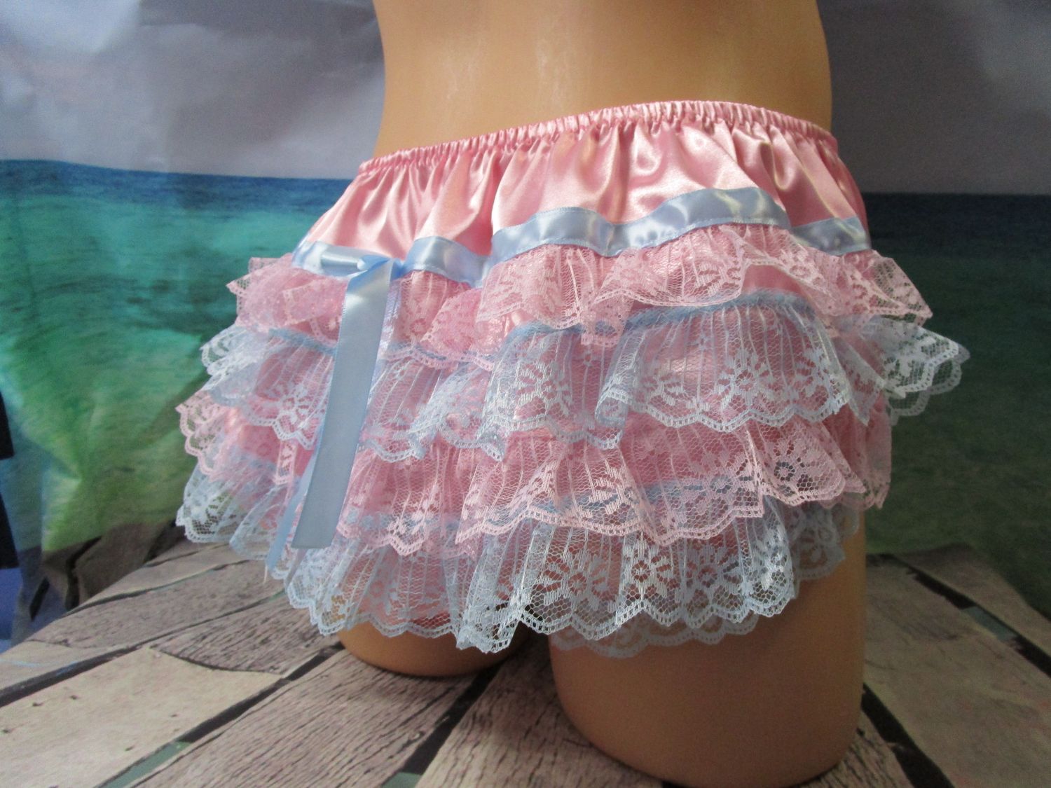 Double Layer Satin Baby Style Stuffed Waddle, ABDL Panty Brief, 2&quot; Lace Butt, 8&quot; Sides, 8&quot; Crotch