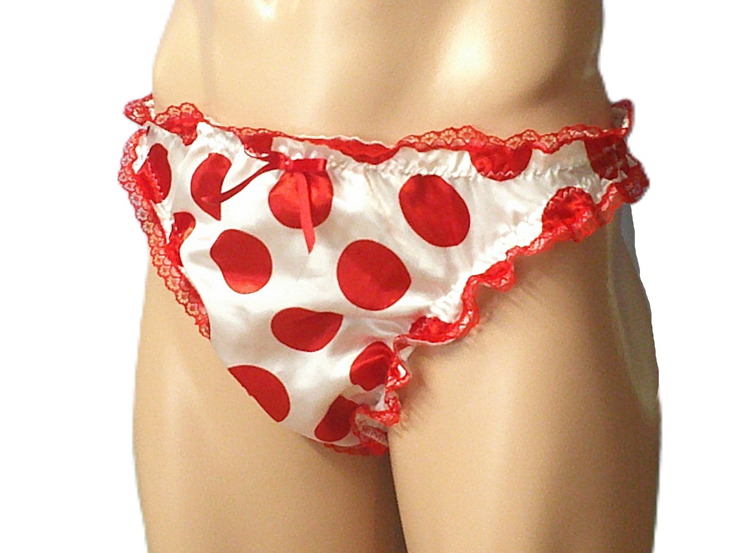Red Dot Satin Man Thong, Ruffled Top &amp; Legs - Size XS 28-31&quot;