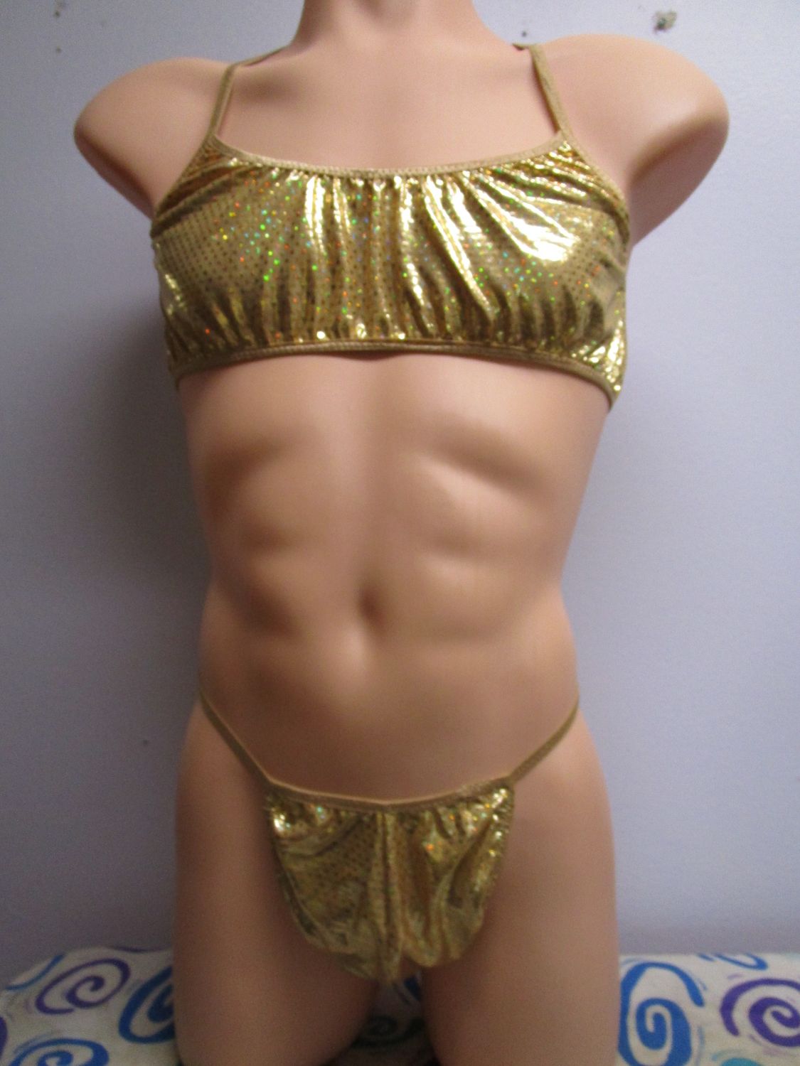 Spandex Metallic Prints Training Bra and G-string for Men