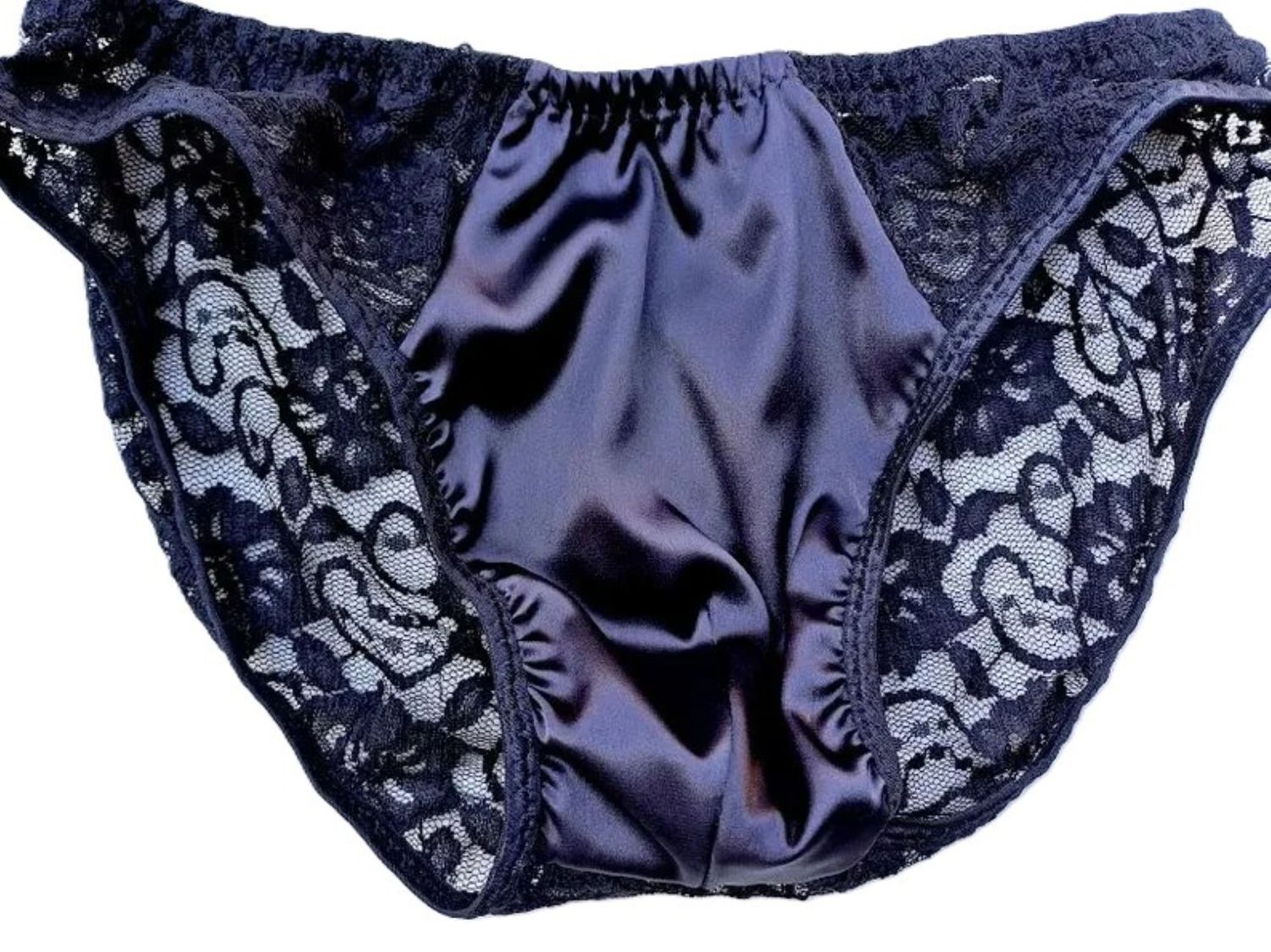 Satin Spandex Front- Vintage Lace Rear, French Cut High Leg Panty