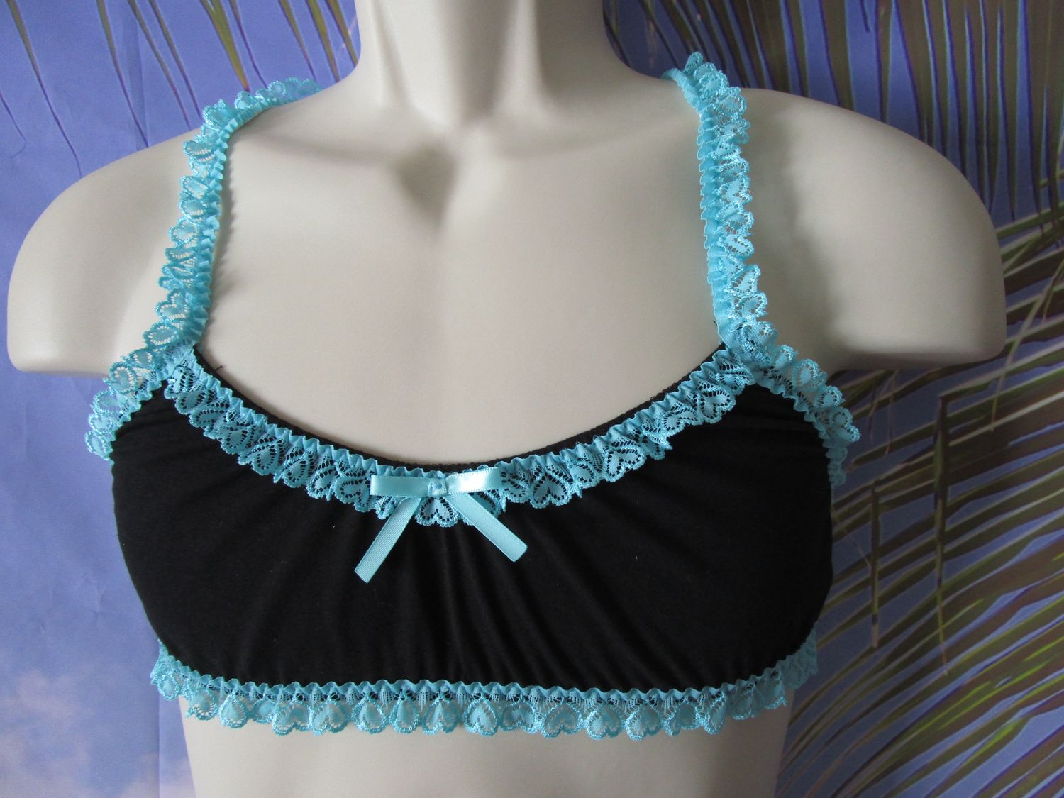 Cotton Knit Training Man Bra, Heart Lace Trim and Straps