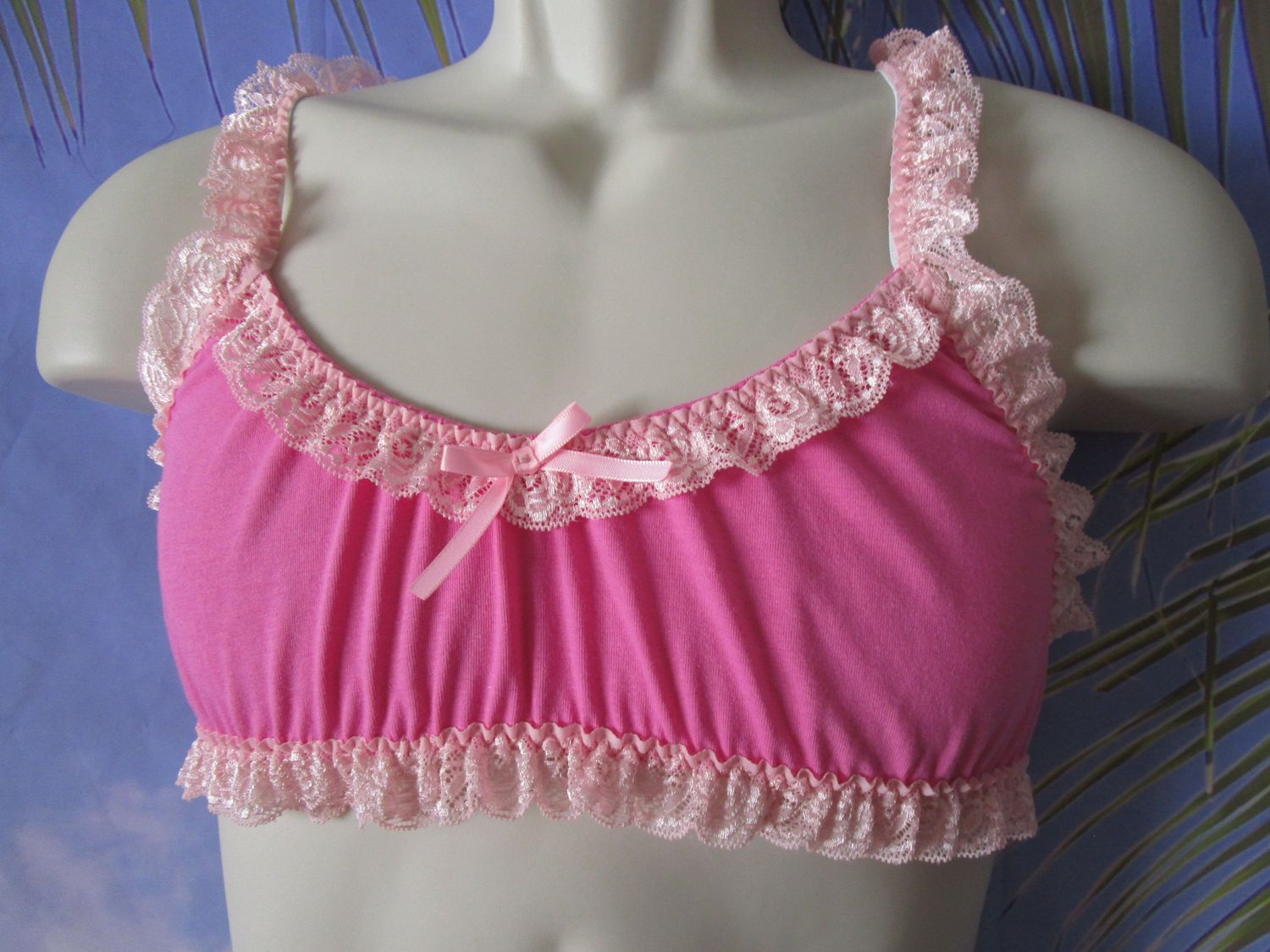 Cotton Knit Training Man Bra, Floral Lace Trim and Straps