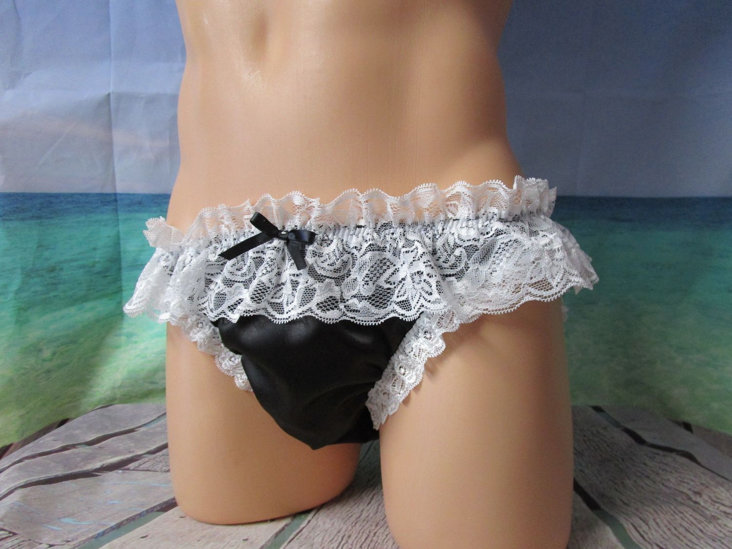 Nylon Tricot Bikini Panty, Medium Man Front, Lace Top and Legs
