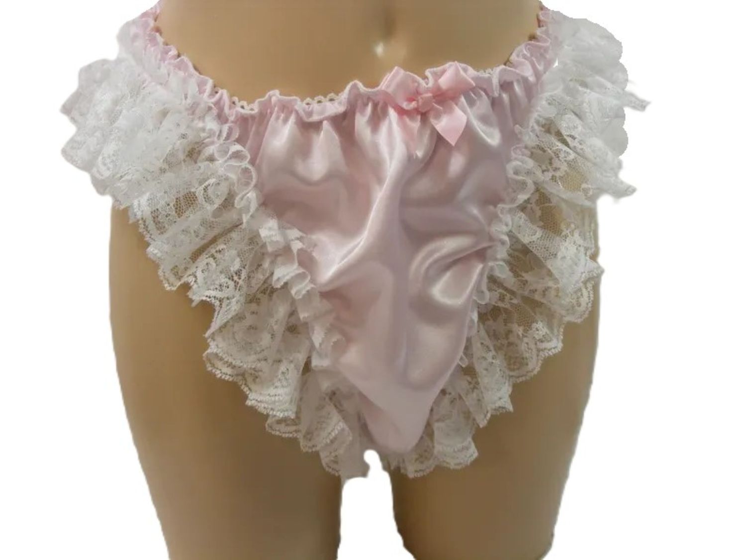 Satin French Cut High Leg, Puffy Man Panty, Medium Front, Lace &amp; Picot Trim