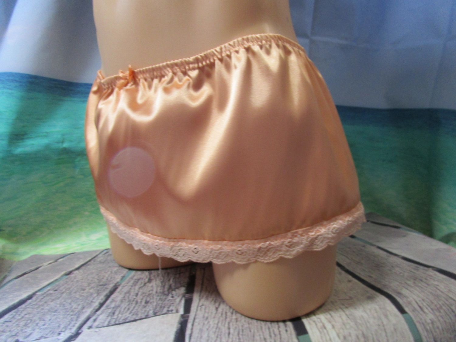 Satin Skirted Man Thong, 9&quot; Long Skirt, Soft Lace Trim