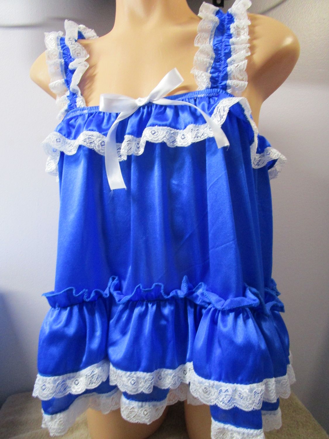 Frilly Satin Nightie , Sissy-Style Babydoll, 18-30&quot; Sides, Ruffles