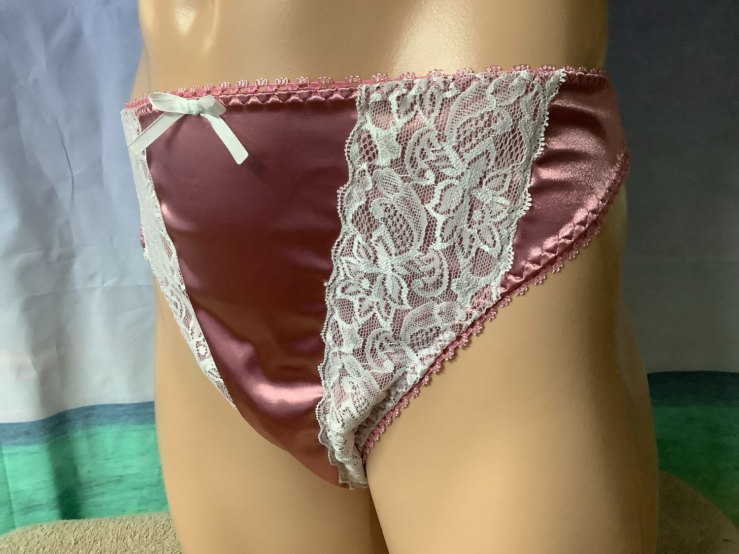 Satin Spandex French Cut High Leg, Lace Floral Front &amp; Picot Trim