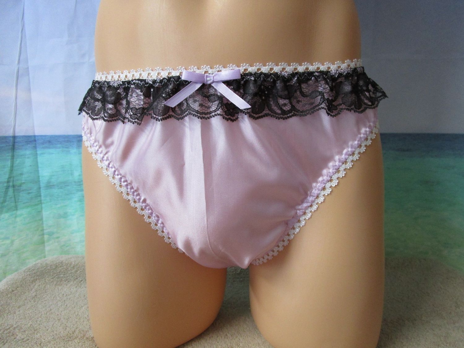 Satin Bikini Panty, 2&quot; Lace Top Front, Picot Trim, Bow