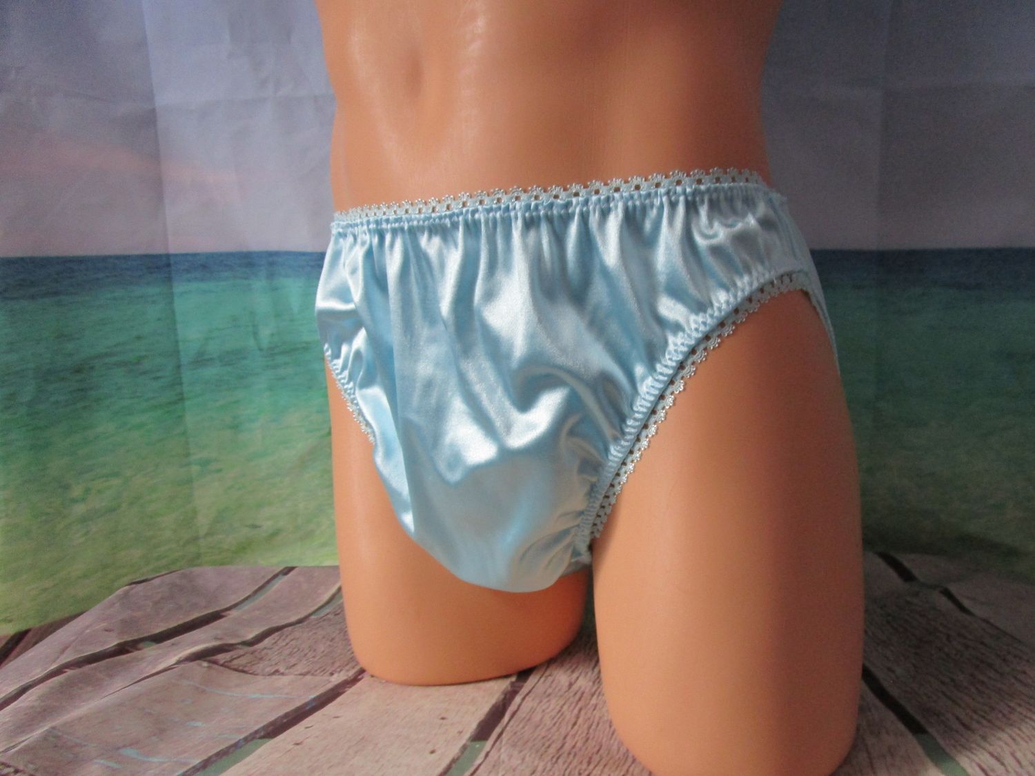 Satin Spandex French Cut High Leg, Man Front, Picot Trim