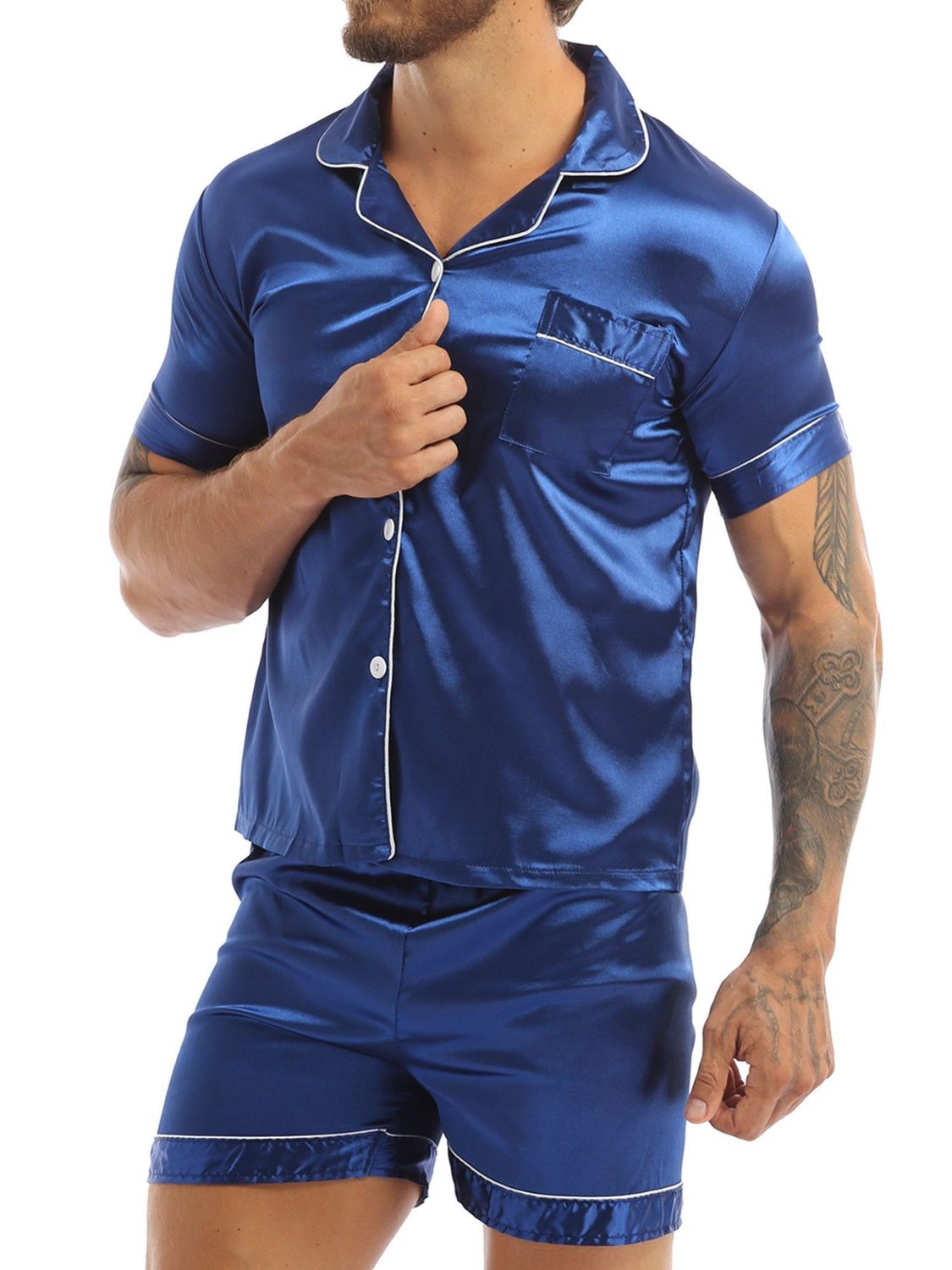 Silky Satin Men&#39;s Pajamas, Button Down Top and Boxer Shorts Set