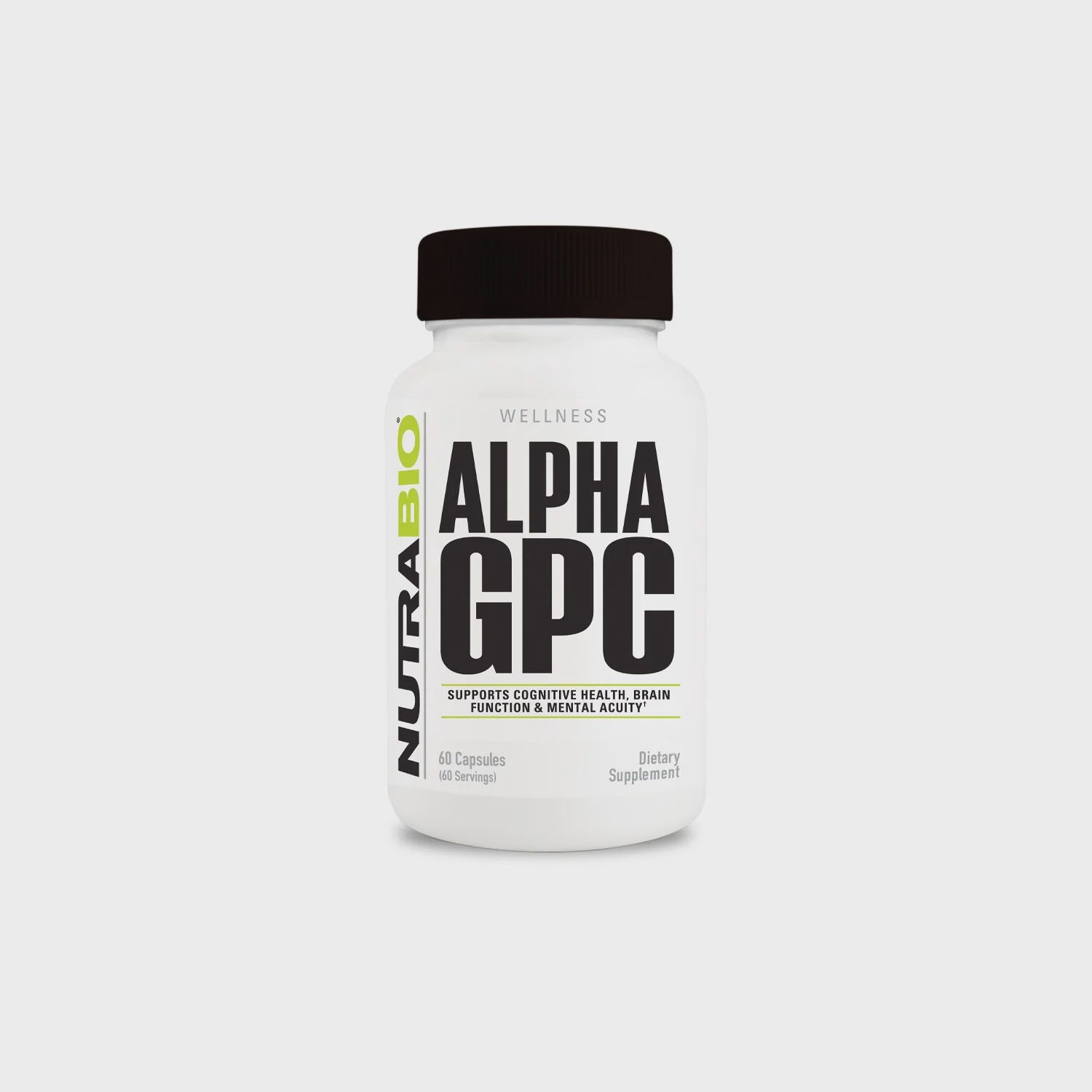 White bottle of NutraBio Alpha GPC dietary supplement with black cap. 
