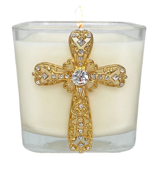 FRANKINCENSE &amp; MYRRH CRYSTAL CROSS CANDLE