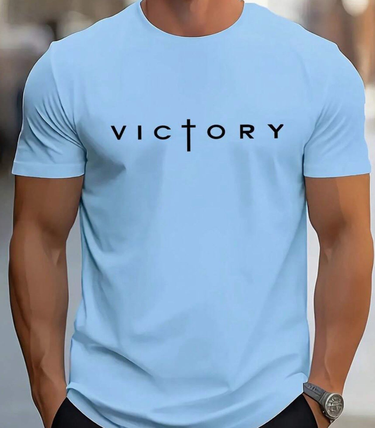 MENS ROUND NECK VICTORY PRINT BABY BLUE