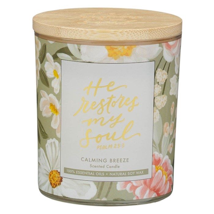 Candle-He Restores My Soul (Psalm 23:3)-Glass W/Bamboo Lid