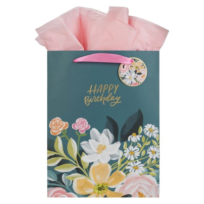 Gift Bag-Large Portrait-Happy Birthday-Dark  Floral