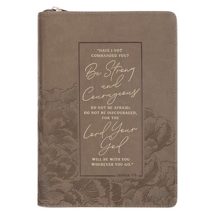 Journal Classic W/ Zip-Strong &amp; Courageous Josh. 1:9-Brown